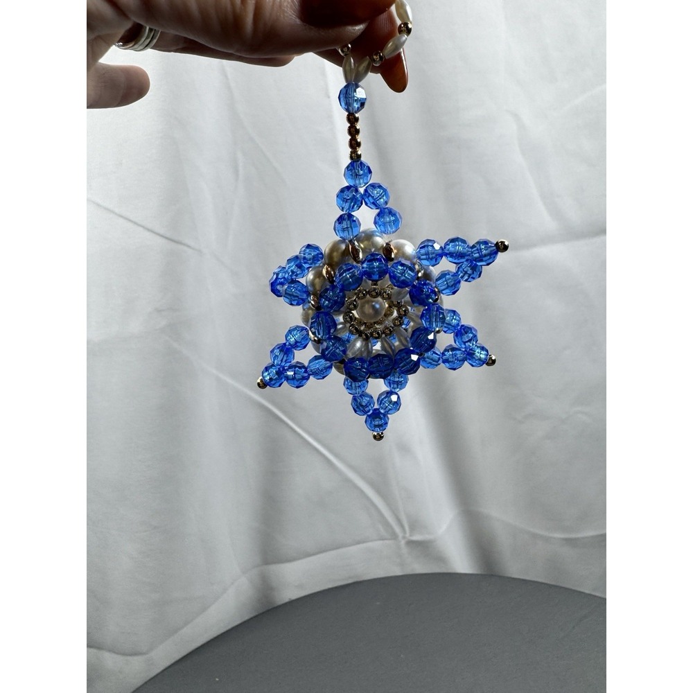 Handmade Beaded Snowflake Ornament Blue Crystal Faux Pearl Star Holiday Decor